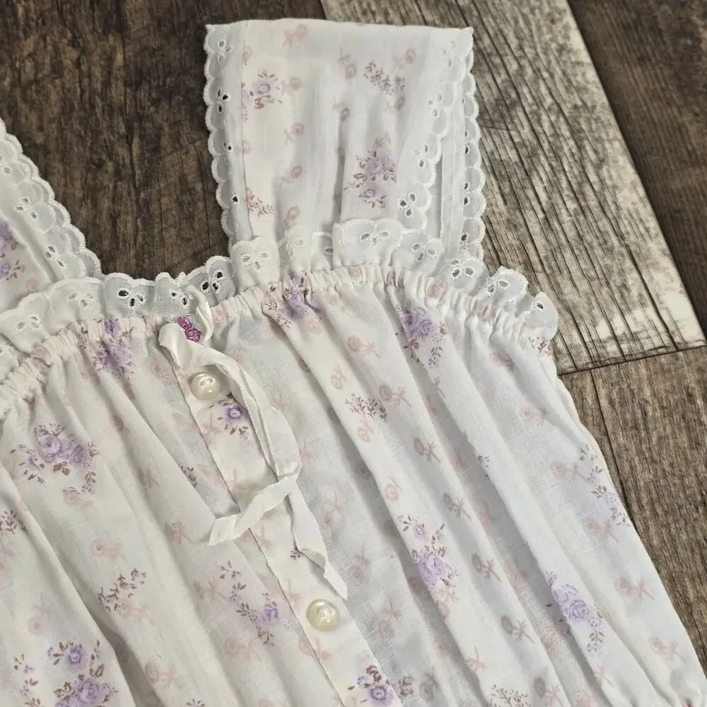 Vintage Girls Floral Prairie Midi Dress Eyelet Cottagecore Lavender Lace Size 7